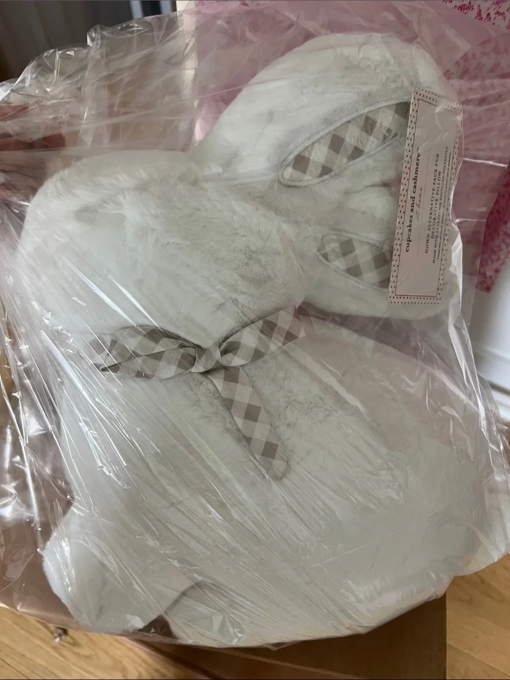 NWT! cupcakes & cashmere White Plush Bunny Pillow with gray white gingham Ribbon